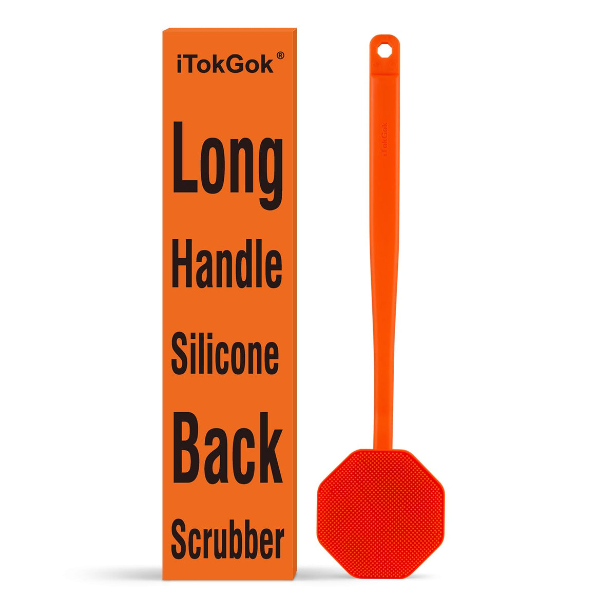 Itokgok Silver-Infused Silicone Back Scrubber With Long Handle - Ergonomic & No-Slip, Orange