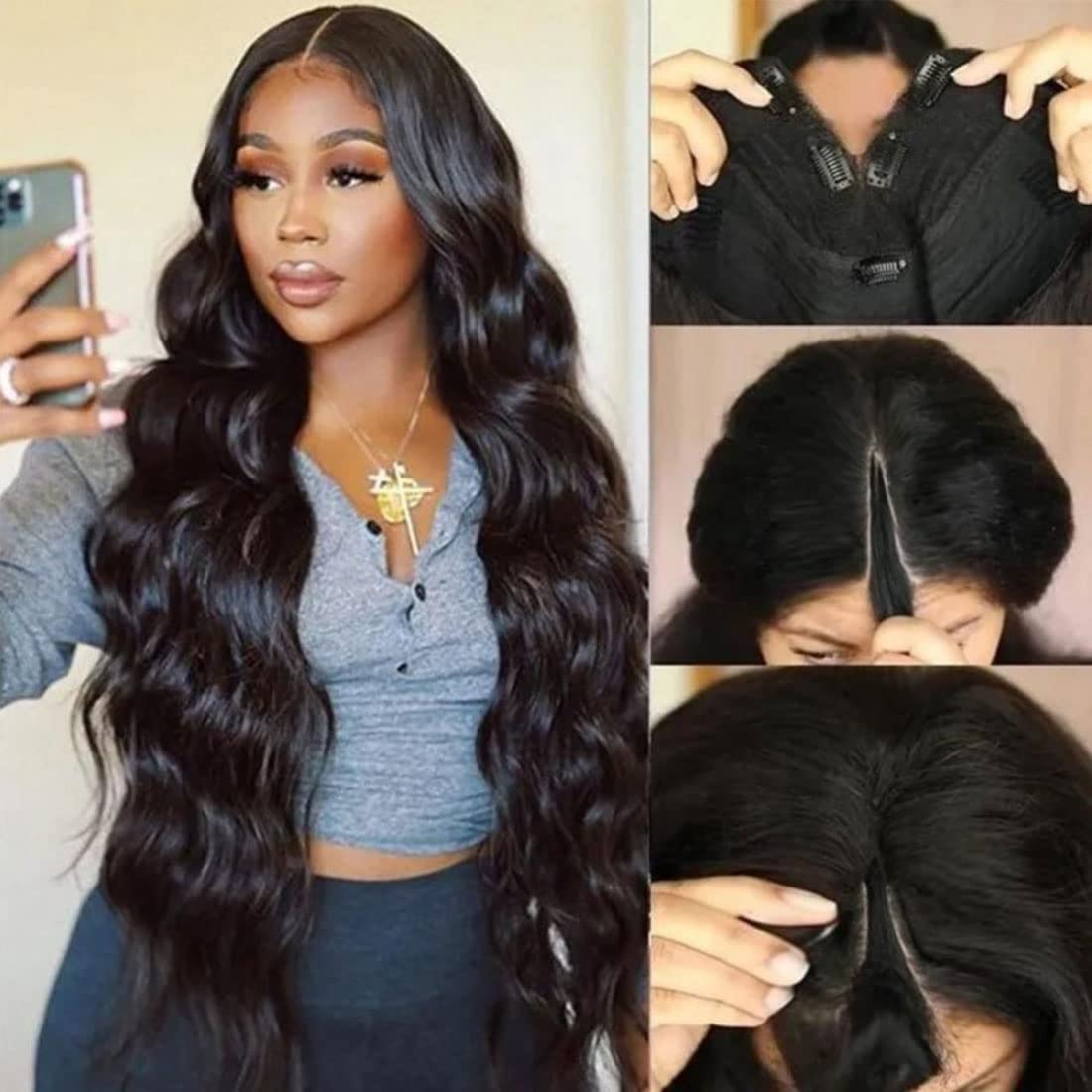 UNICE 24 Inch V-Part Wig, Human Hair Body Wave, Glueless Clip-in, Beginner Friendly