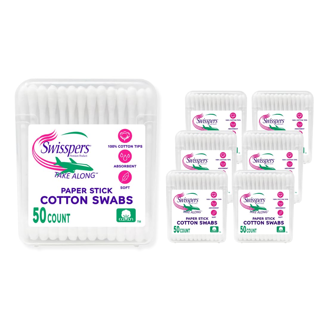 Swisspers Cotton Swabs, 100% Cotton Double-Tipped, Travel Size 6-Pack, 300 Total Swabs