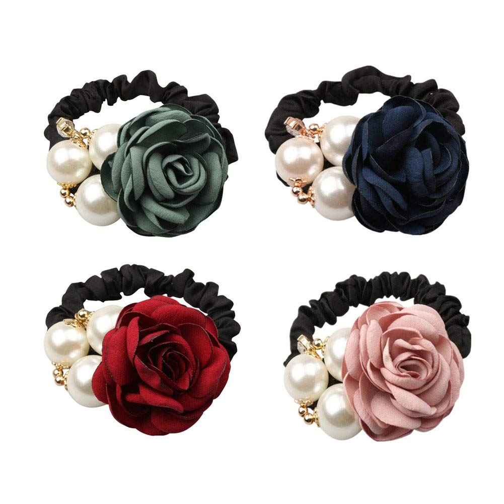 Lovef 4Pcs Pearl Hair Ties With Rose Flower & Rhinestone - Korean Fashion Accessories