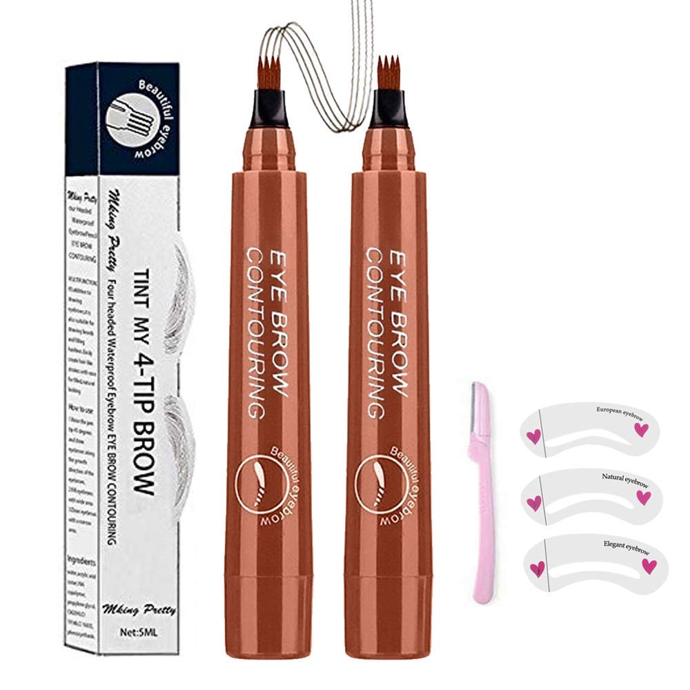 Quemiss Microblading Eyebrow Pen - 4 Points Waterproof Eyebrow Pencil, 03#Red Brown, Natural Look