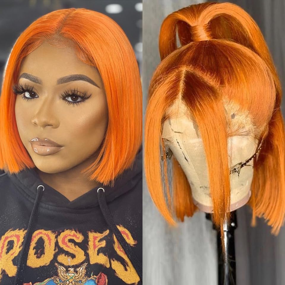 Utide 8 Inch Ginger Orange Bob Wig - Straight 13X4 Hd Lace Frontal, Pre Plucked For Black Women