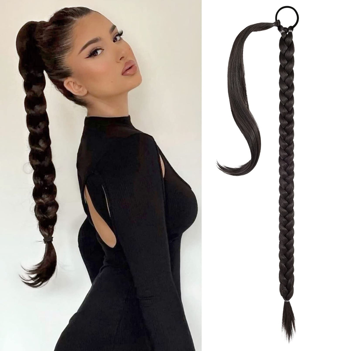 Seikea 26&quot; Long Braided Ponytail Extension - Black Brown Synthetic Hair Piece For Women