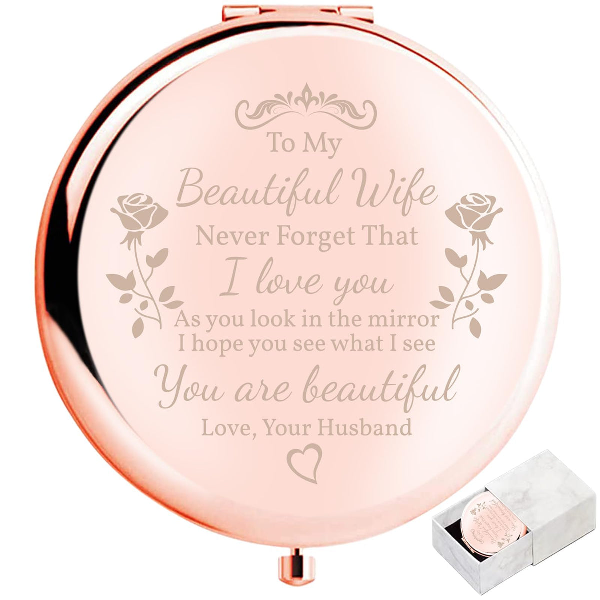 Boutikpro Rose Gold Compact Mirror For Wife - Unique Birthday & Christmas Gift, 3&quot;L X 1.4&quot;W