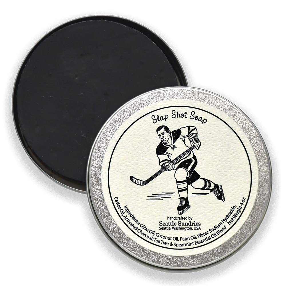 Seattle Sundries Hockey Puck Soap - Activated Charcoal, Natural 4Oz Bar In Retro Gift Tin