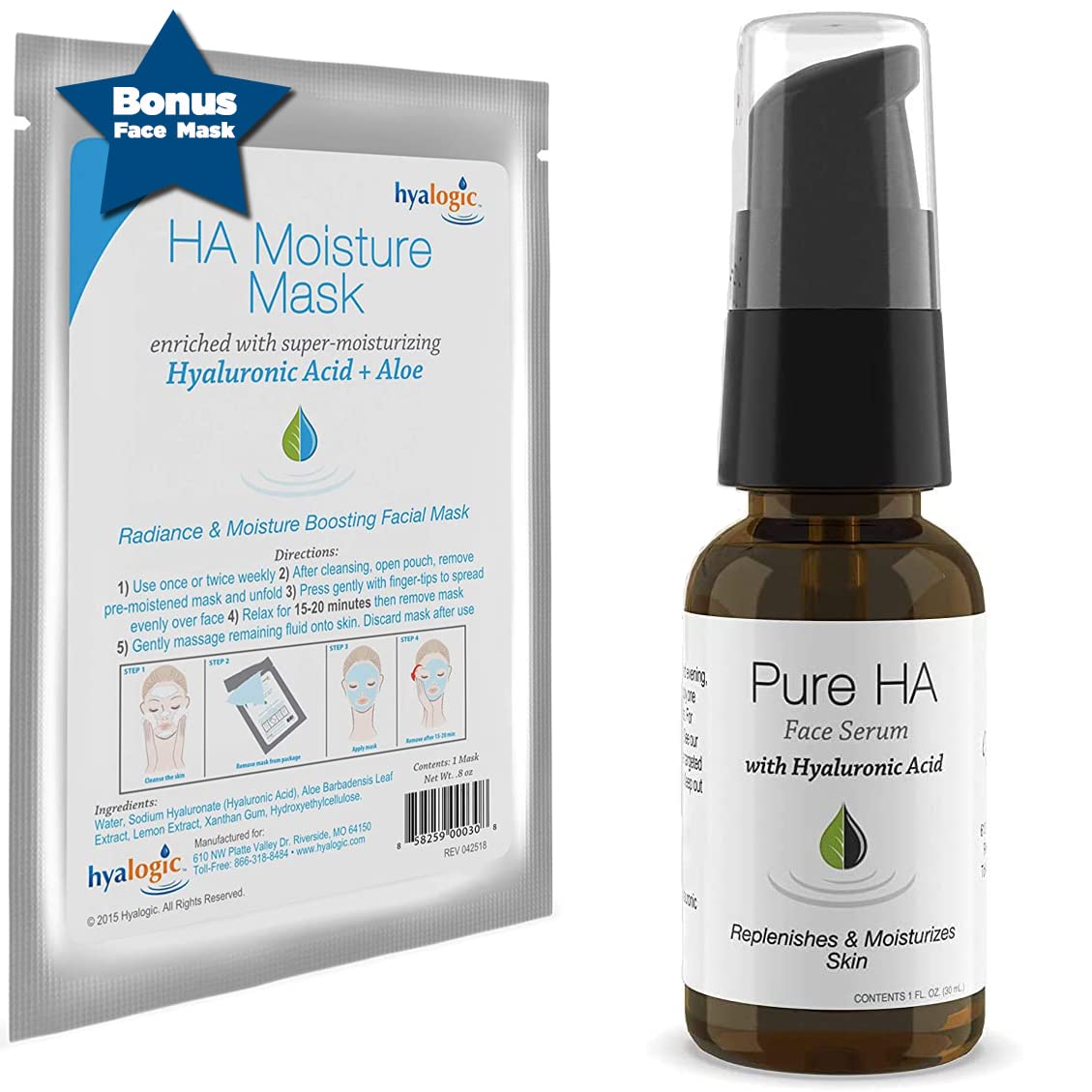 Hyalogic Pure Ha Face Serum 1 Oz & Hyaluronic Acid Mask For Sensitive Skin - Deep Hydration