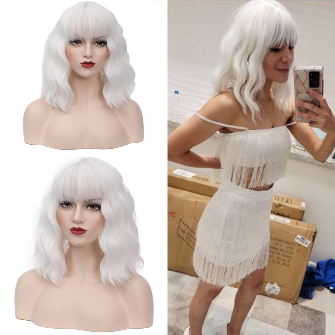 Dwmglp 14&quot; White Curly Wig For Women - Heat Resistant Synthetic Hair For Cosplay & Parties