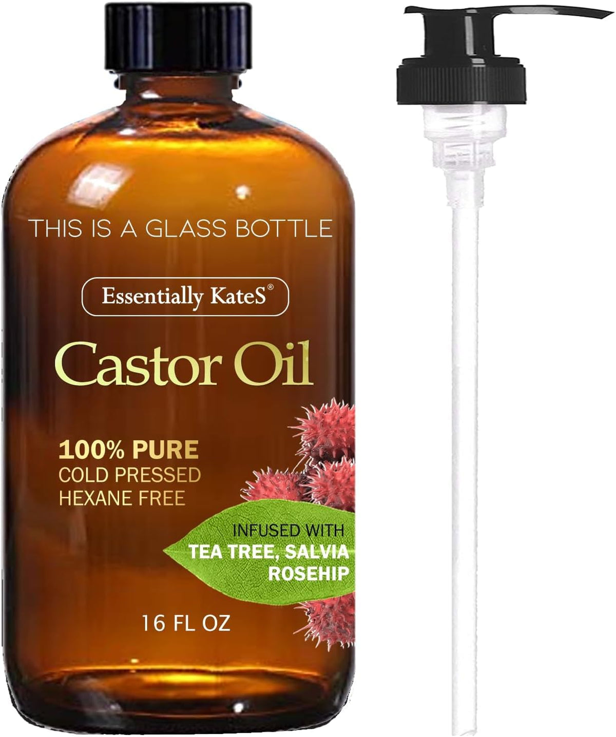 Essentially Kates Castor Oil 16 Fl Oz - Pure, Cold Pressed, Hair & Body Oil With Pump