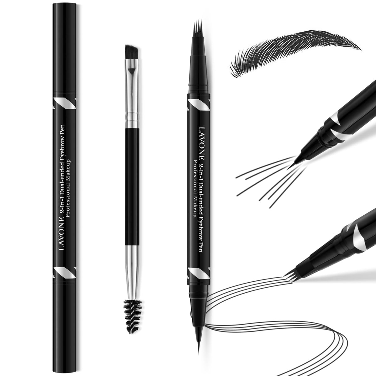 Lavone 2-In-1 Dual-Ended Waterproof Eyebrow Pen & Pencil, Microblading, Black