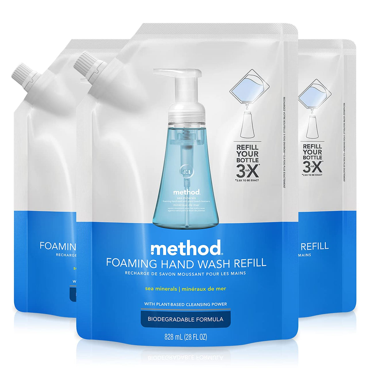 Method Foaming Hand Wash Refill Pouch, Sea Minerals, 28 Fl Oz, Pack Of 3