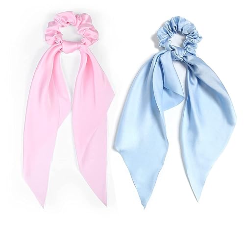 Aileam 2 PCS Satin Hair Scrunchies Scarf, Pink & Blue Bow Ponytail Holders for Women & Girls