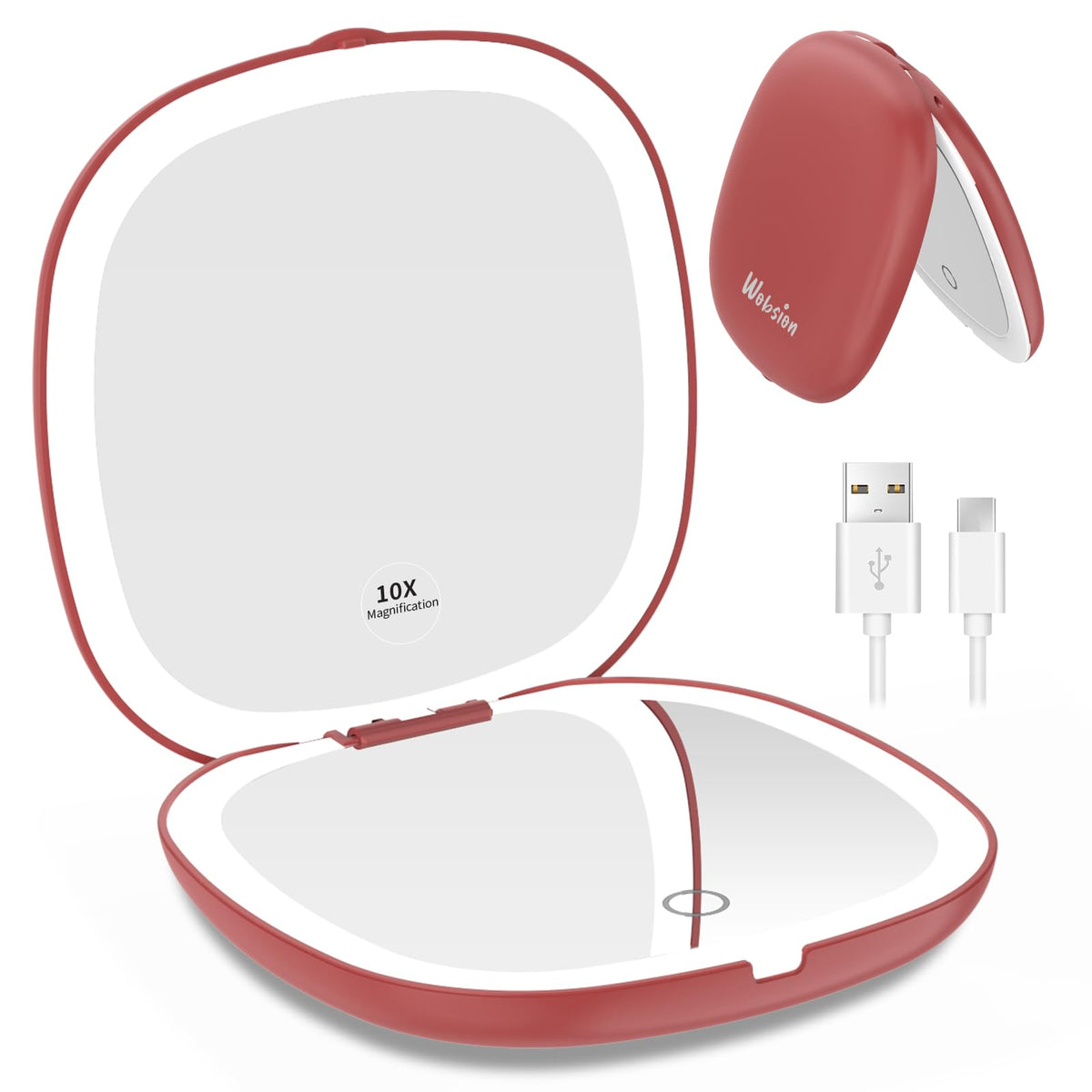 Wobsion Travel Mirror With Light, 1X/10X Magnifying, Dimmable, Compact, Red, 4&quot;