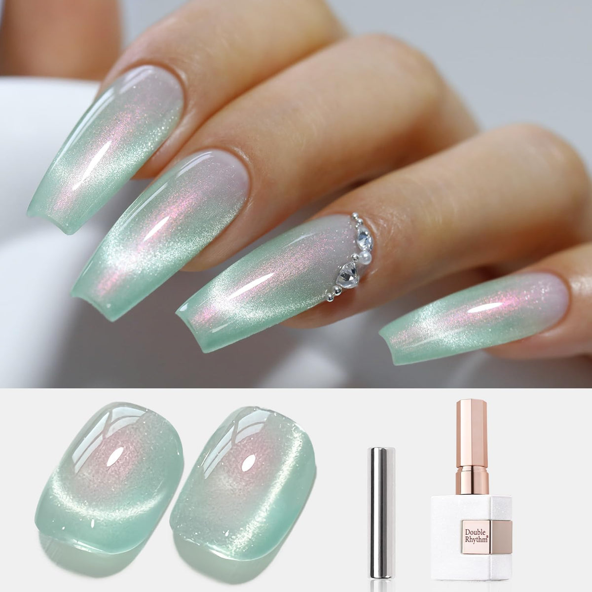 Double Rhythm Teal Cat Eye Gel Polish 0.5 Oz Holographic Glitter Magnetic Nail Polish