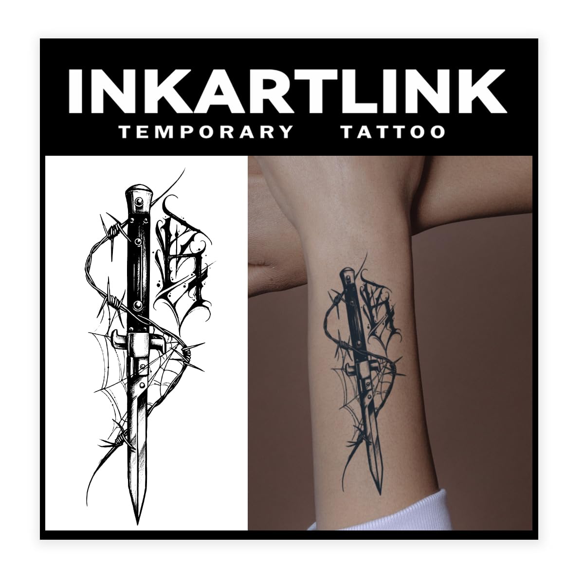 Inkartlink Semi-Permanent Tattoo Sheets - Dagger Design, Waterproof, Realistic, Lasts 1-2 Weeks