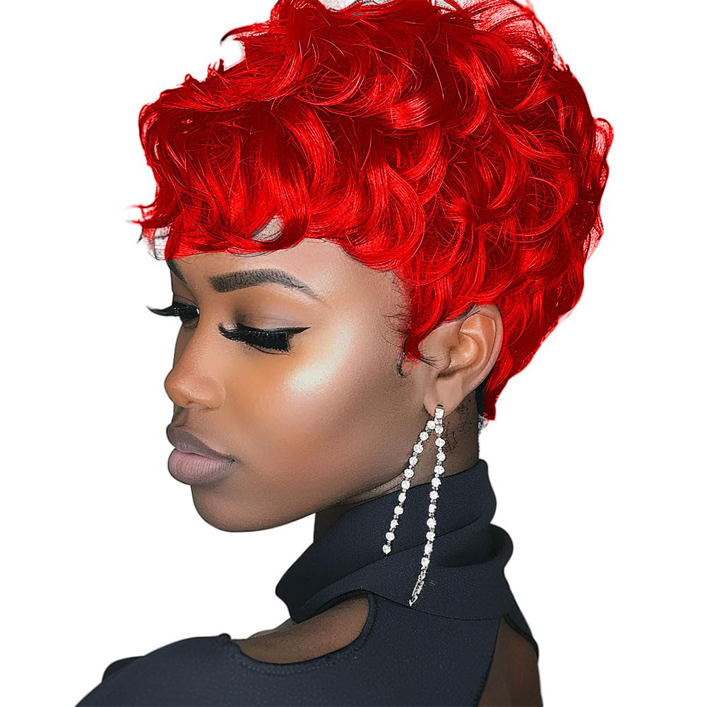 Moonshow Red Curly Pixie Cut Wig With Bangs - Synthetic Hair Wavy Wig For Black Women