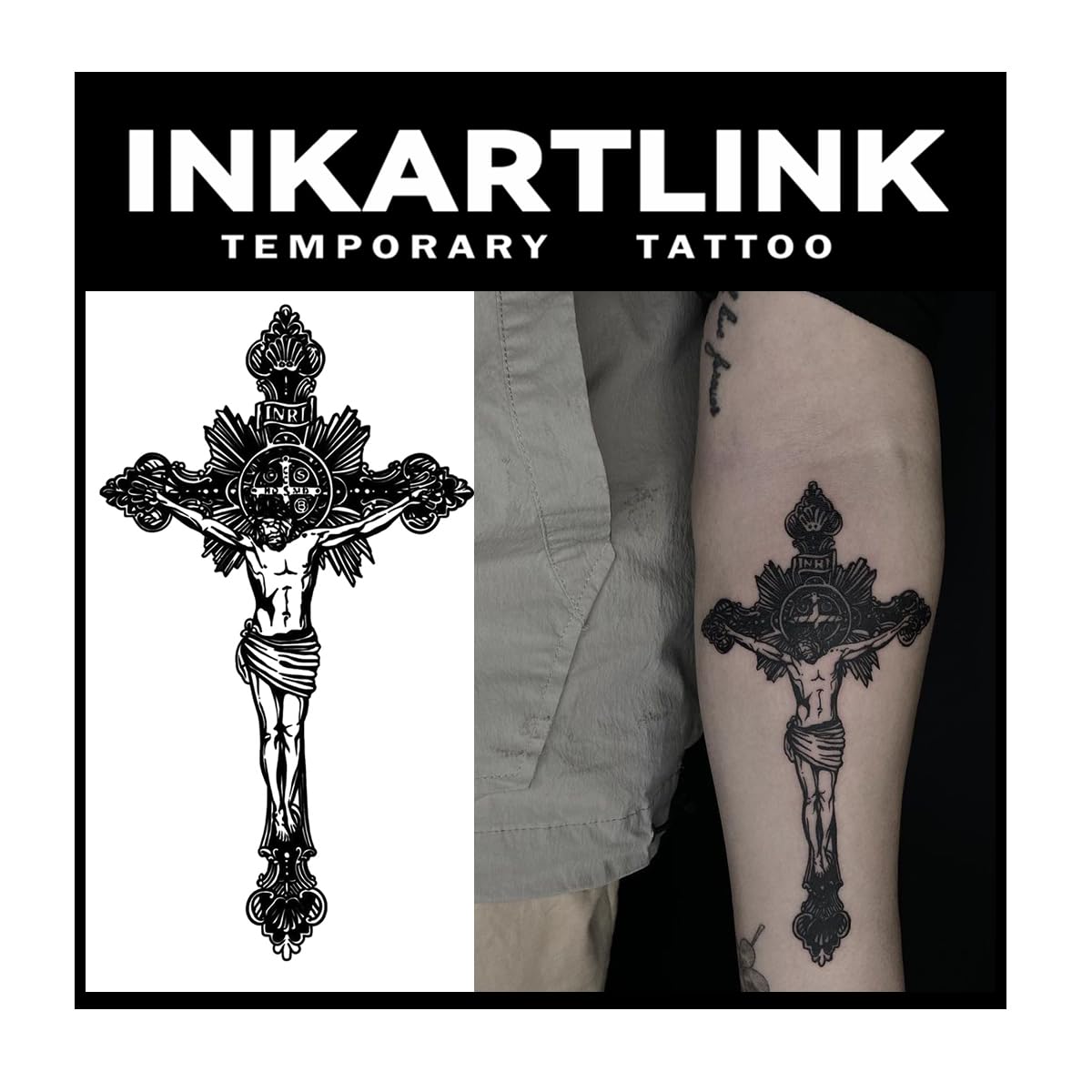 Inkartlink Extra-Large Semi-Permanent Christian Cross Temporary Tattoo - Waterproof, Realistic Design