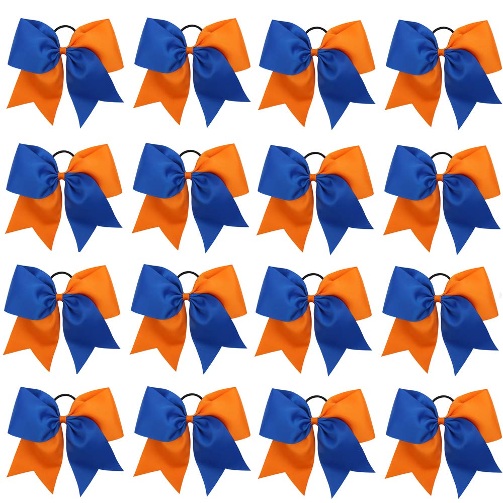 OAOLEER 16PCS Cheer Hair Bows - Royal Blue/Orange Elastic Ponytail Holders for Girls