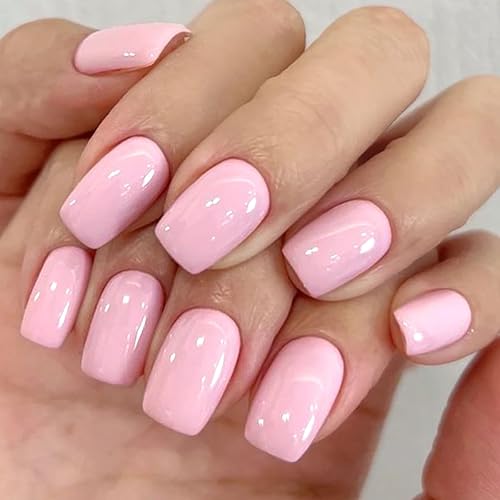 GLAMERMAID Extra Short Squoval Press on Nails, 24Pcs Dainty Pink Gel Manicure Kits for Women