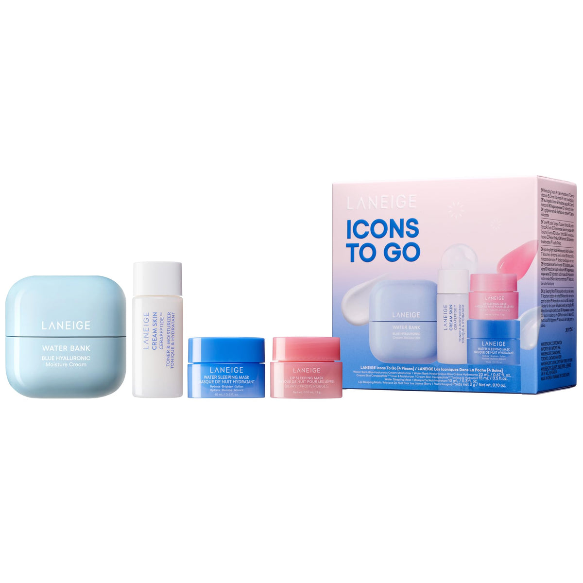 Laneige Icons To Go Set: Hydrating Cream Skin, Water Bank Cream & Lip Sleeping Mask, Travel Size