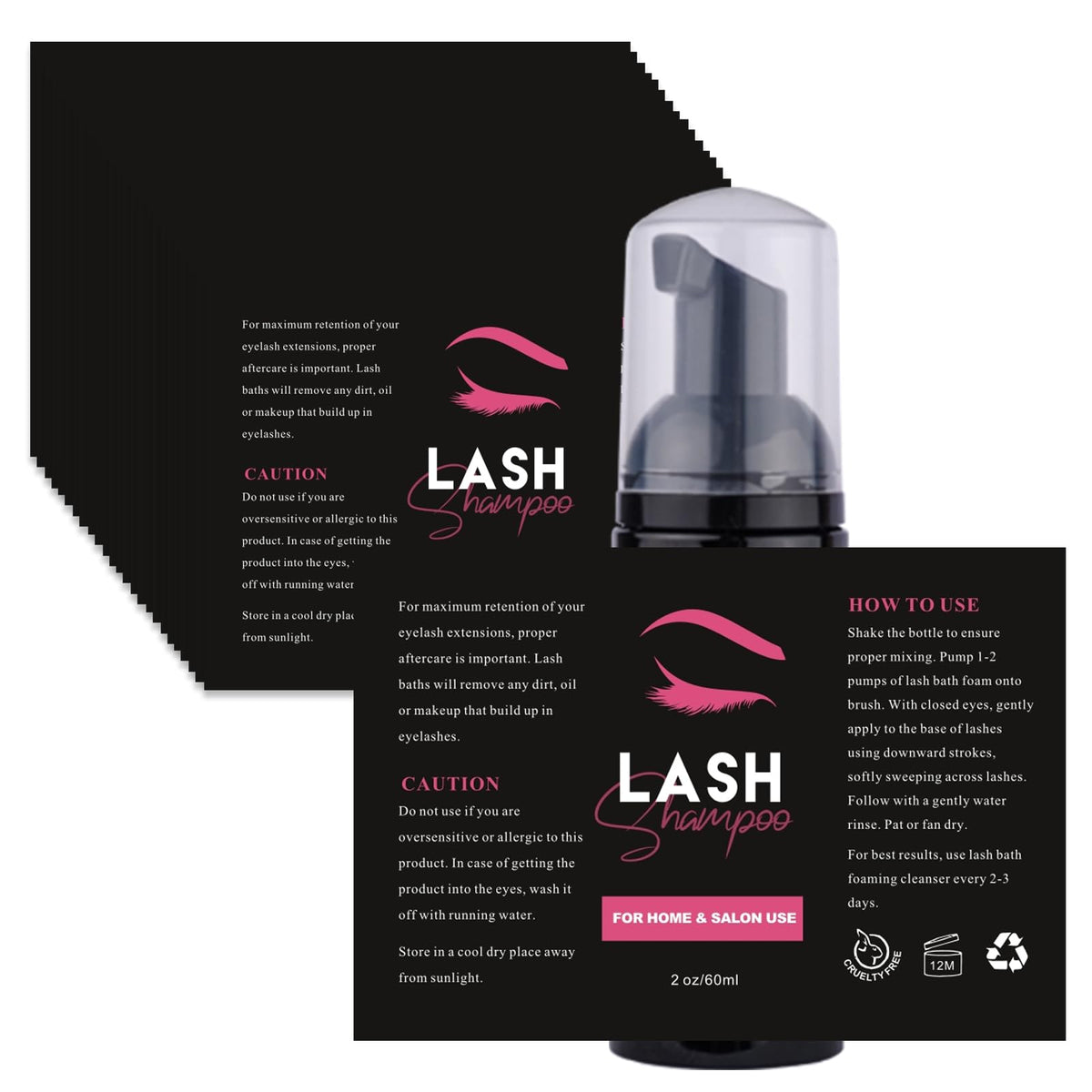 Nailslowee 50Pcs Lash Shampoo Label Stickers For Foam Pump Bottle - Vinyl, Black, 2.7*3.