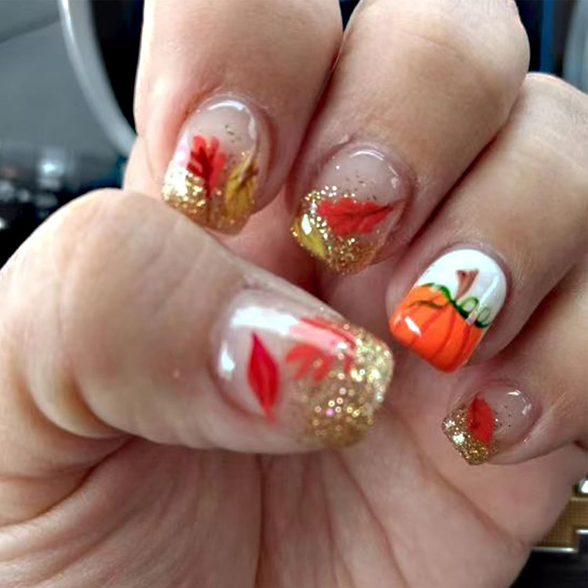 Lrknno 24 Pcs Fall Press On Nails - Orange Glitter Autumn Leaves Acrylic Manicure For Women