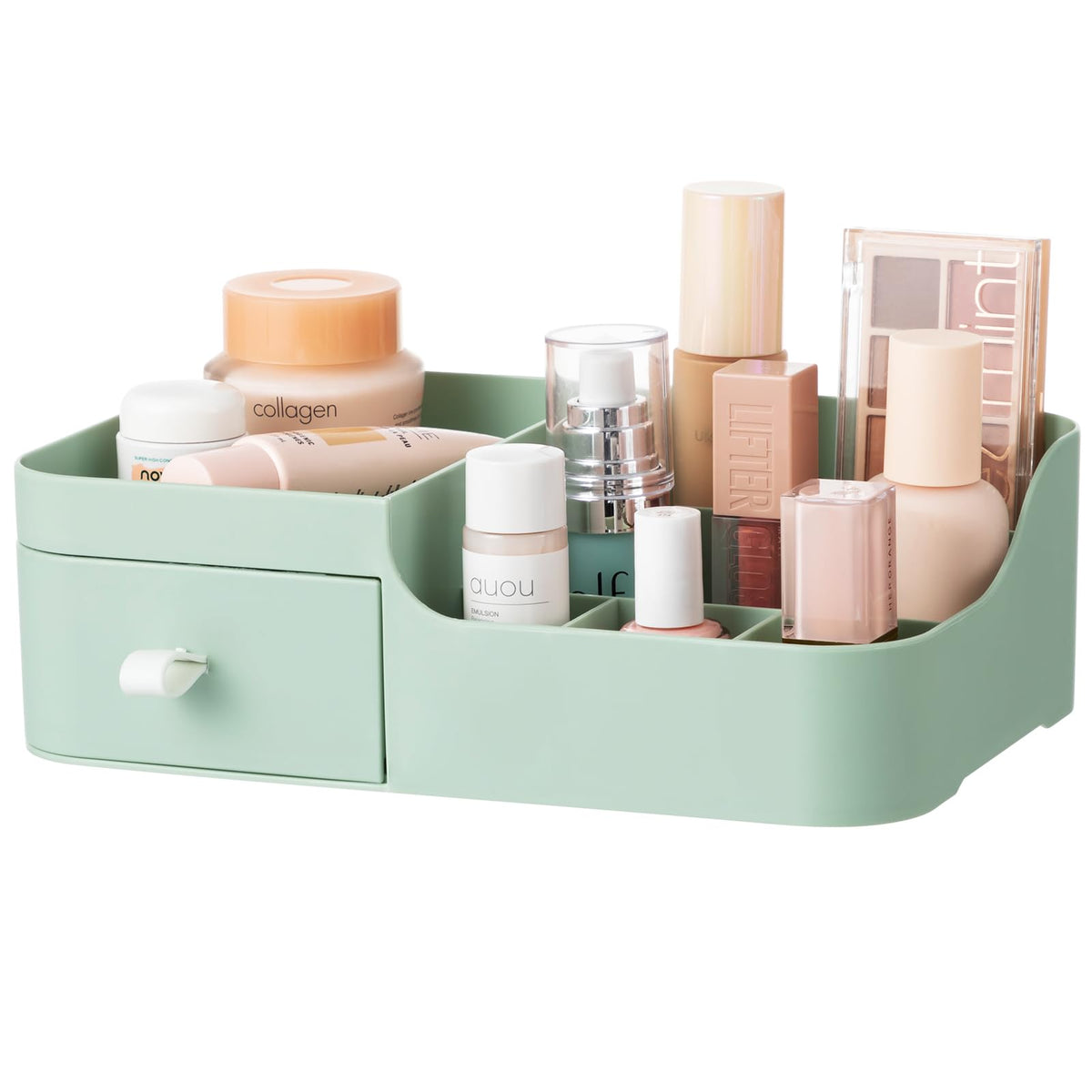 Hblife Green Makeup Organizer - Compact 1 Drawer Vanity Storage Box With 8 Compartments