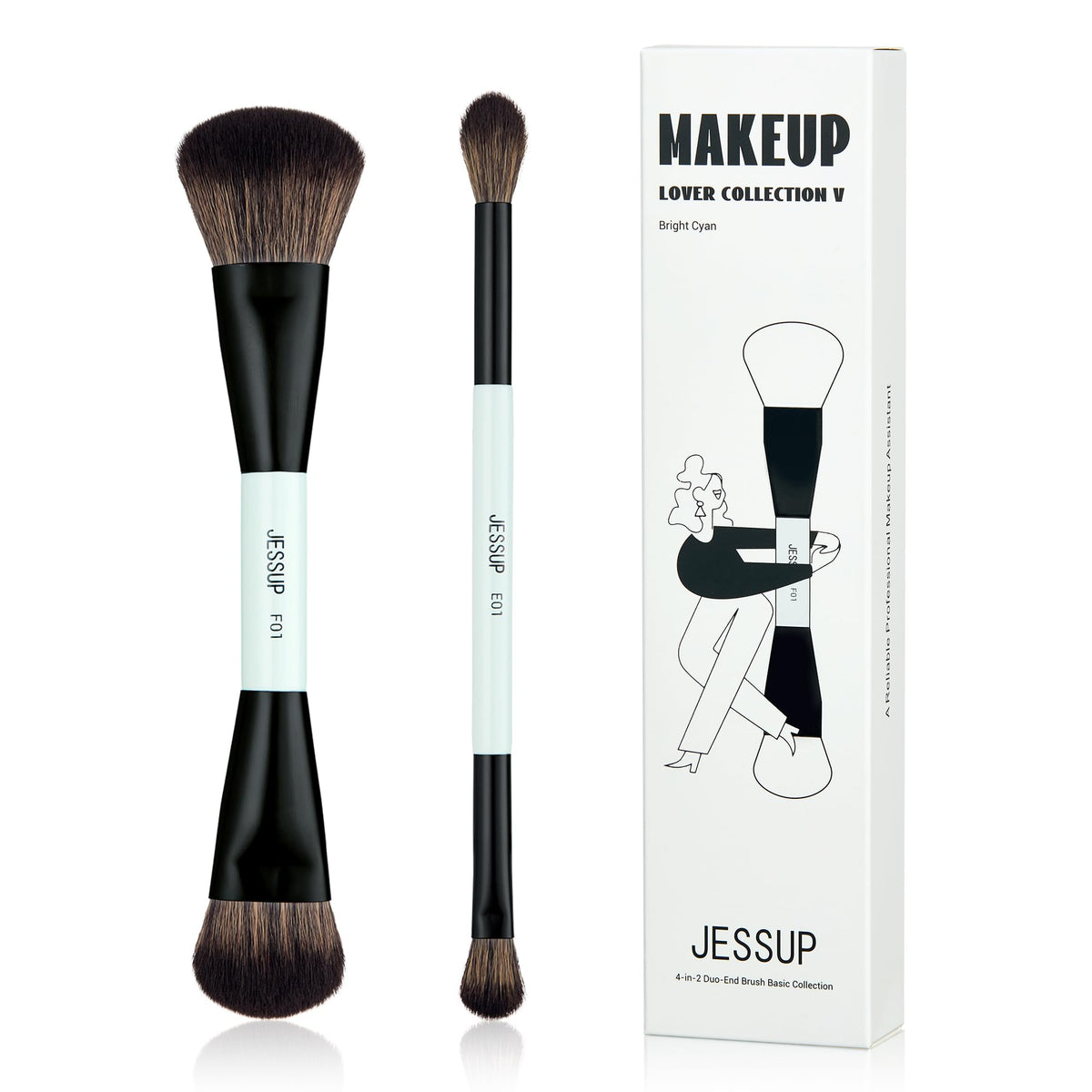 Jessup 2Pcs Double Sided Makeup Brushes Set - Bright Cyan Foundation & Contour Blending Brush