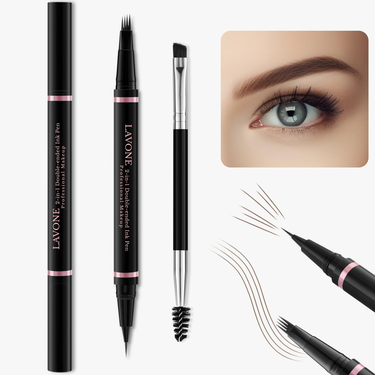 Lavone 2-In-1 Waterproof Eyebrow Pencil & Pen, Dual-Ended Brush, Kyn Dark Brown, Natural Look