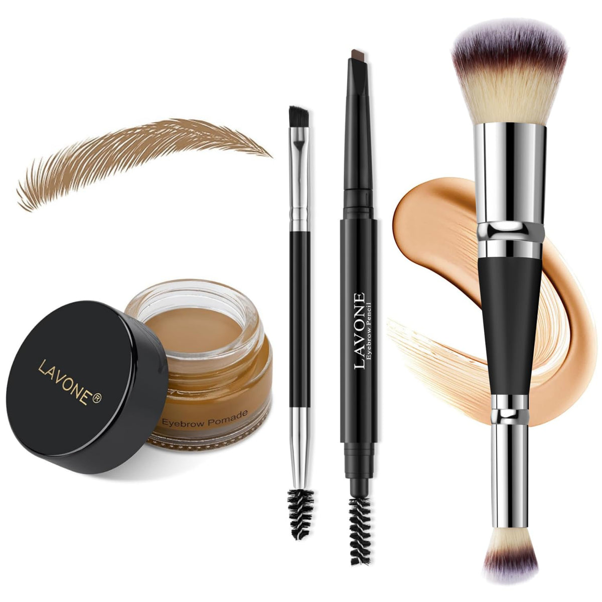 Lavone Waterproof Eyebrow Pencil Makeup Kit - Gold Brown With Dual-Ended Brush & Pomade