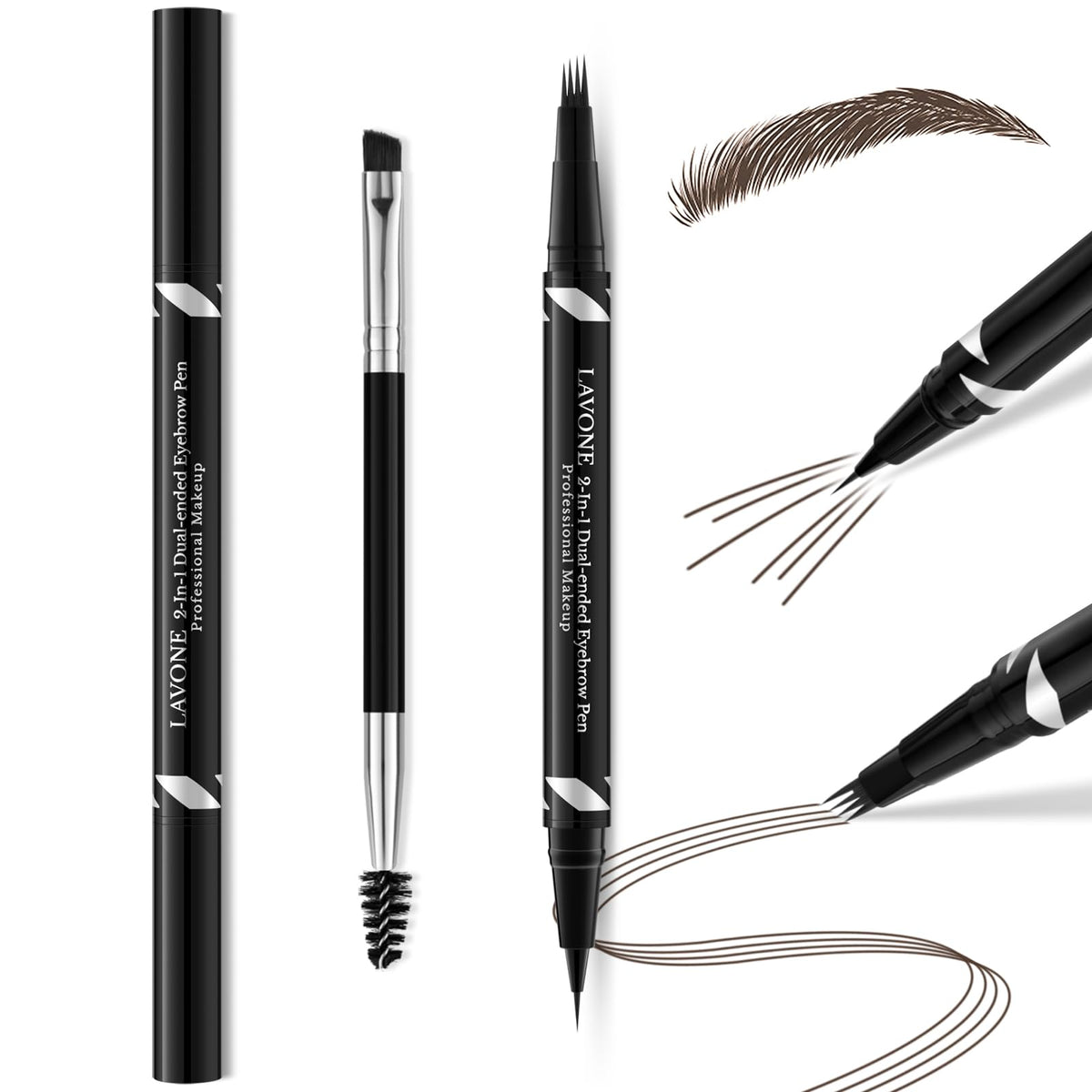 Lavone 2-In-1 Waterproof Eyebrow Pen & Pencil - Ultra-Precise Microblading, Ebony