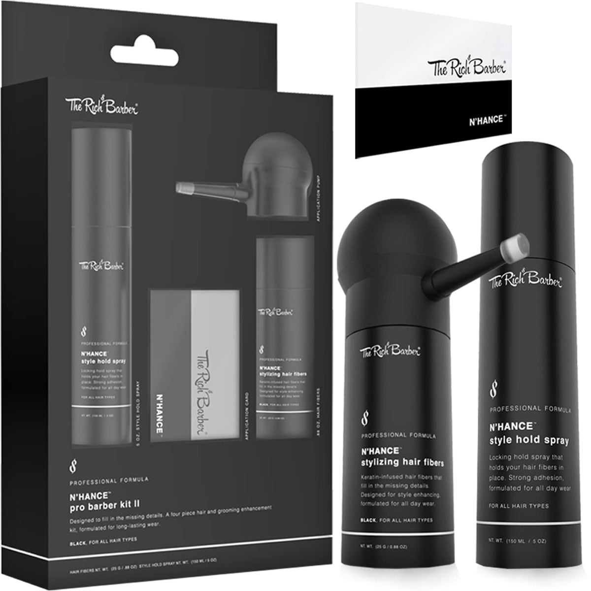 The Rich Barber N'Hance Pro Kit Ii - 4-In-1 Hair & Beard Set With Keratin Fibers & Spray