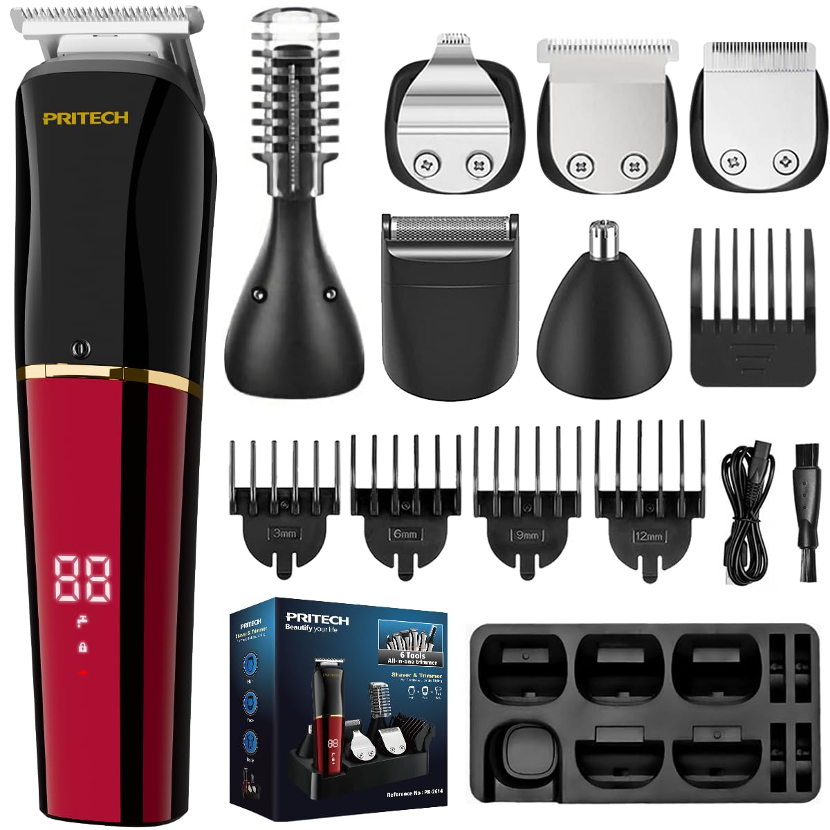 Pritech 6-In-1 Beard Trimmer Kit For Men, Waterproof Electric Grooming Set In Red