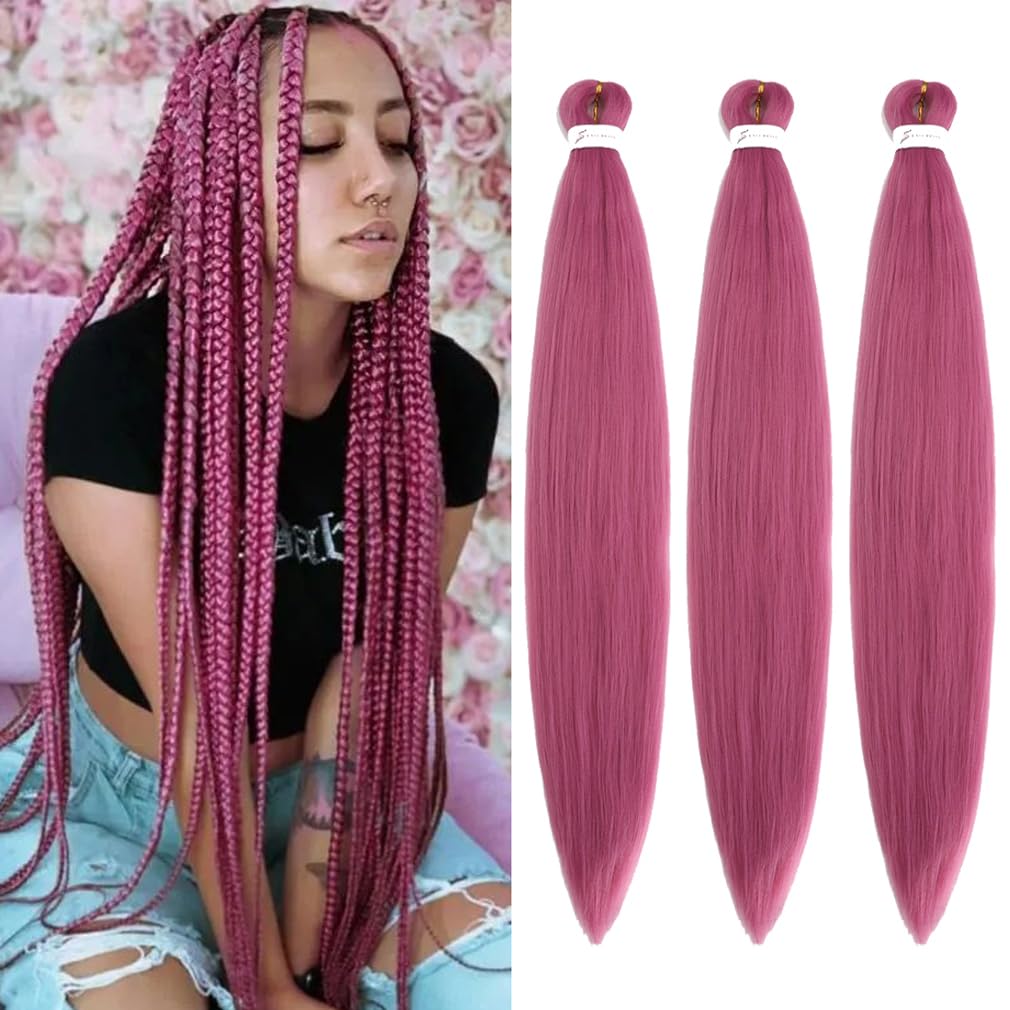 Yuccaha Pre Stretched 30 Inch Braiding Hair Extensions, Reddish Purple, Soft Yaki Texture, 3 Packs