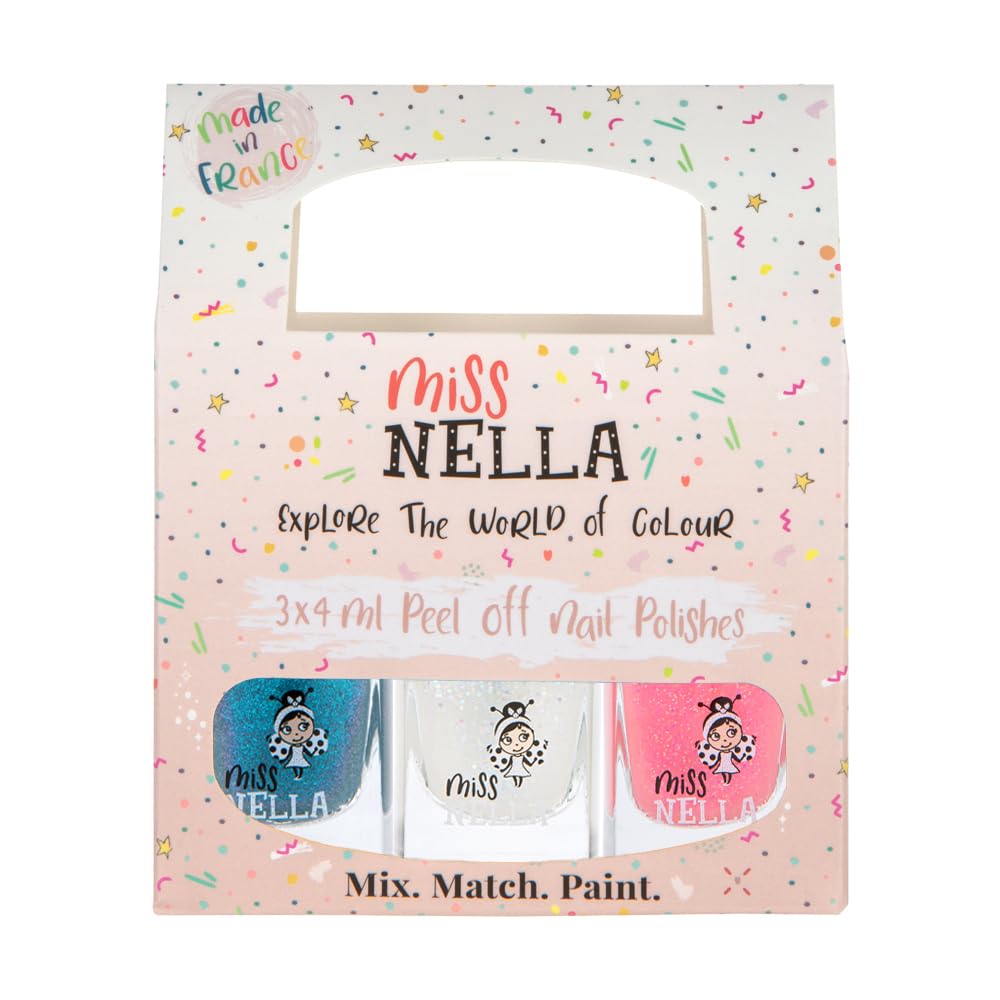 Miss Nella Party Collection Peel Off Glitter Nail Polishes, 3 Pack - Blue, Clear & Coral