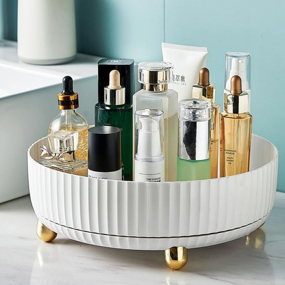 Cestativo 360° Rotating Makeup Perfume Organizer - White Spinning Vanity Tray For Skincare & Cosmetics