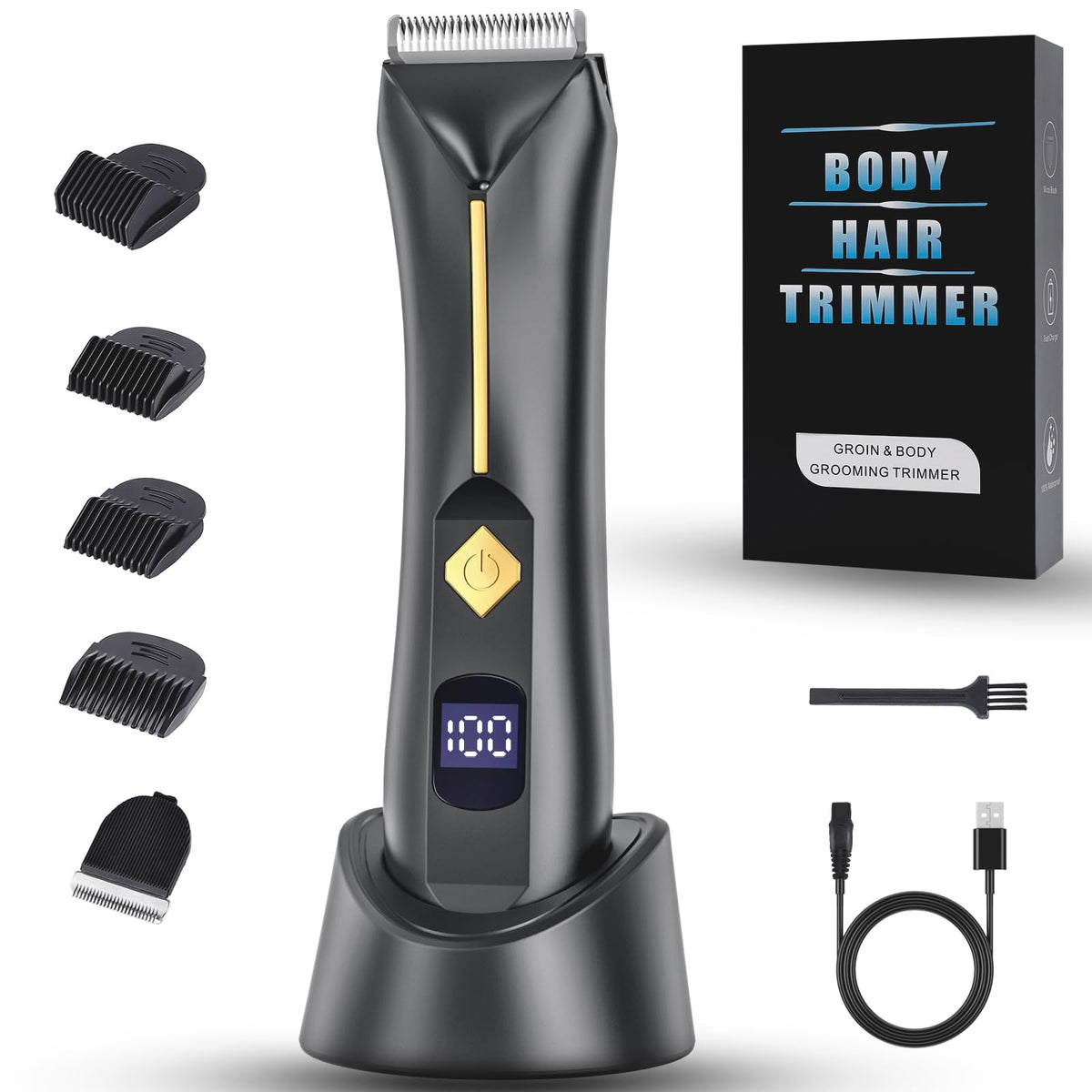 Ksiaos Groin Hair Trimmer For Men, Waterproof Electric Body Groomer With Ceramic Blades, Black