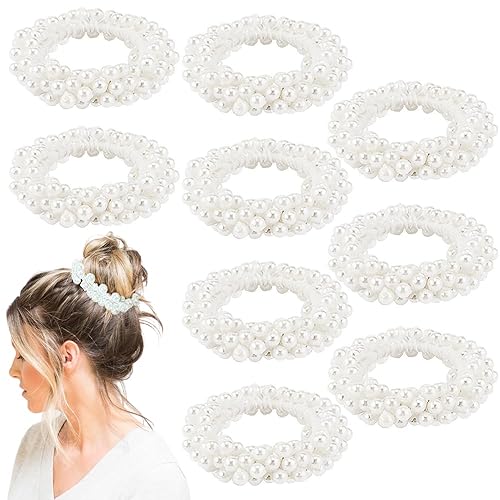 AHONEY 9Pcs Pearl Hair Ties - White Elastic Scrunchies for Women, Boho Wedding Accessories