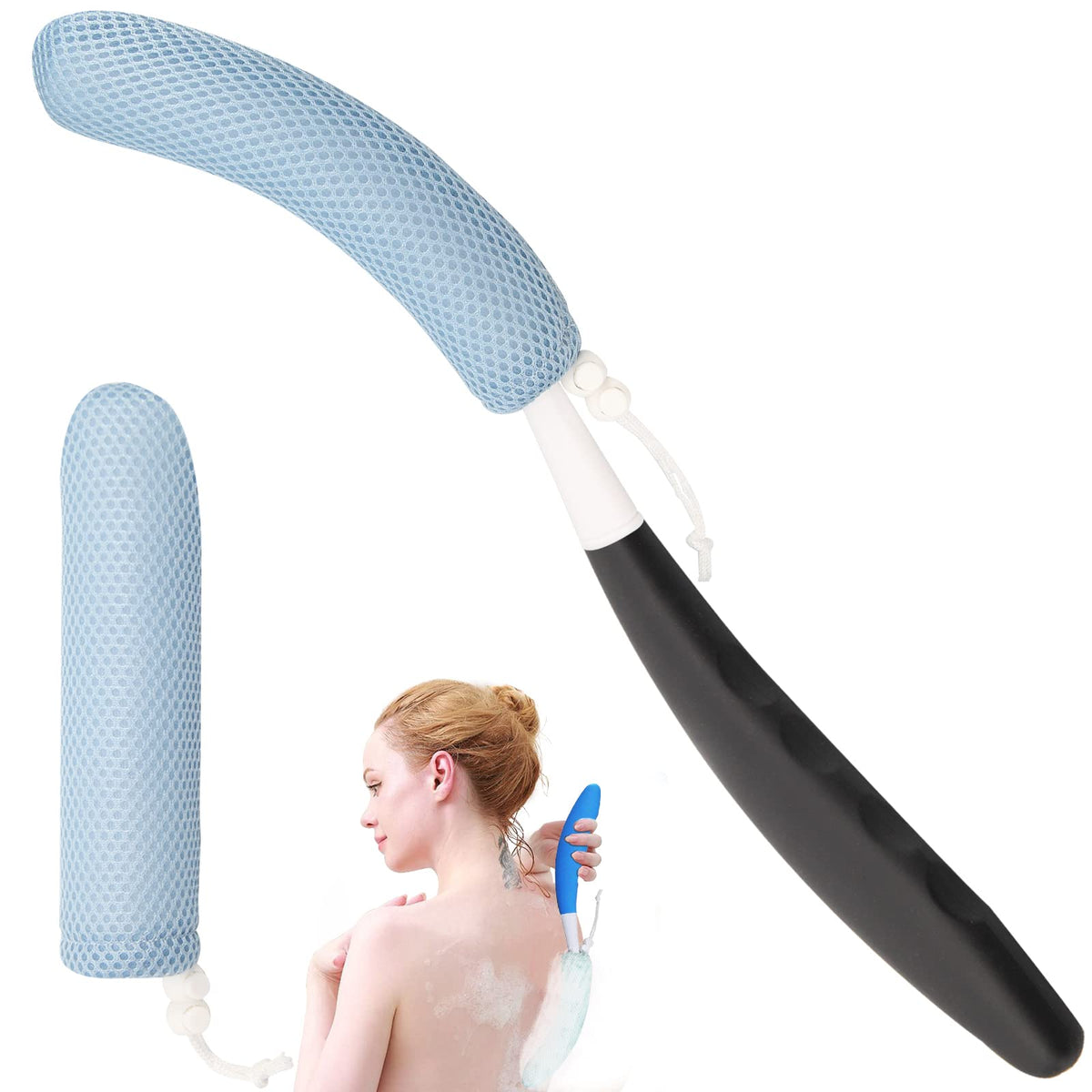 Kkaffe 15.35&quot; Back Bath Brush With Sponge, Curved Handle, Black/Blue For Elderly Care