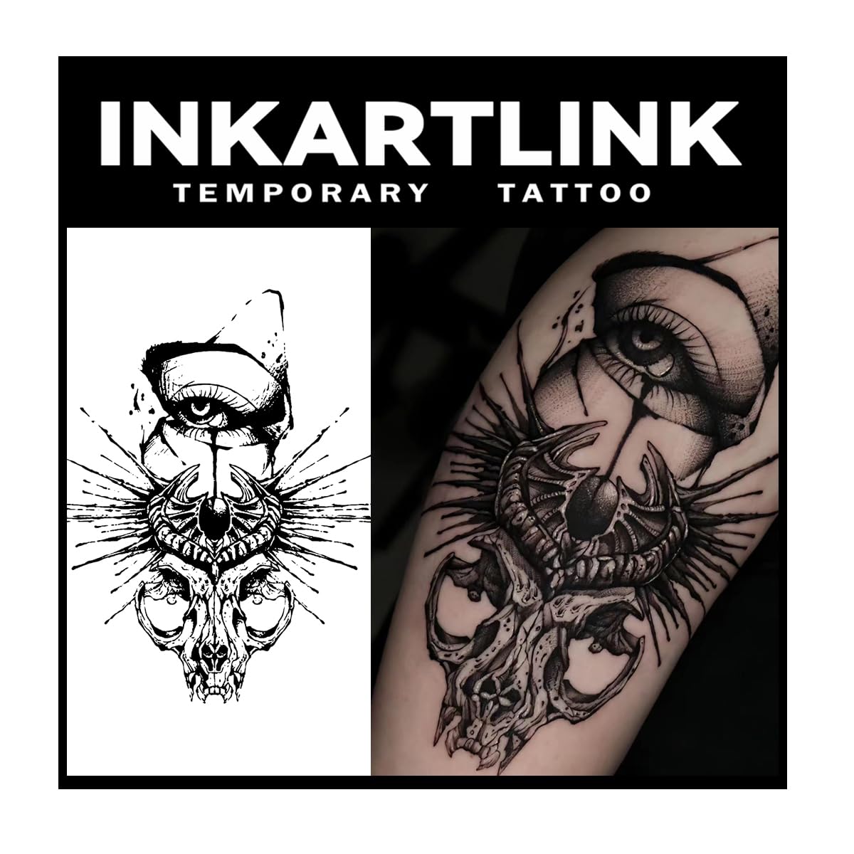 Inkartlink Large Dark Skull Design Temporary Tattoos - Realistic, Waterproof, Lasts 1-2 Weeks