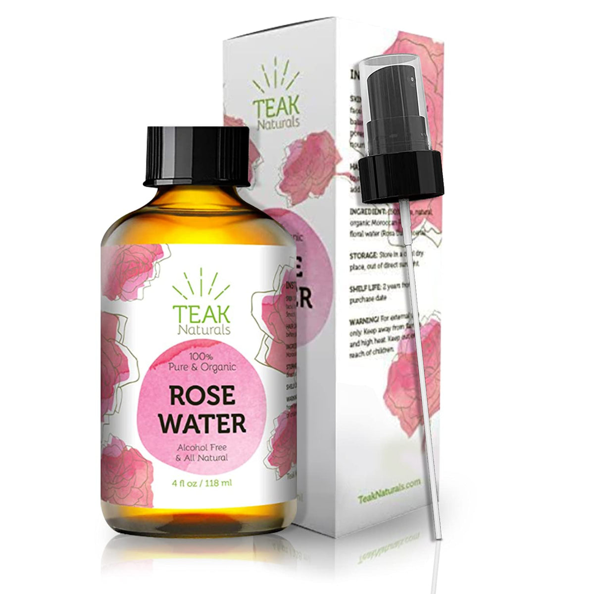 Teak Naturals Organic Rose Water Toner, Chemical Free, 4 Oz - Natural Moroccan Hydrating Mist