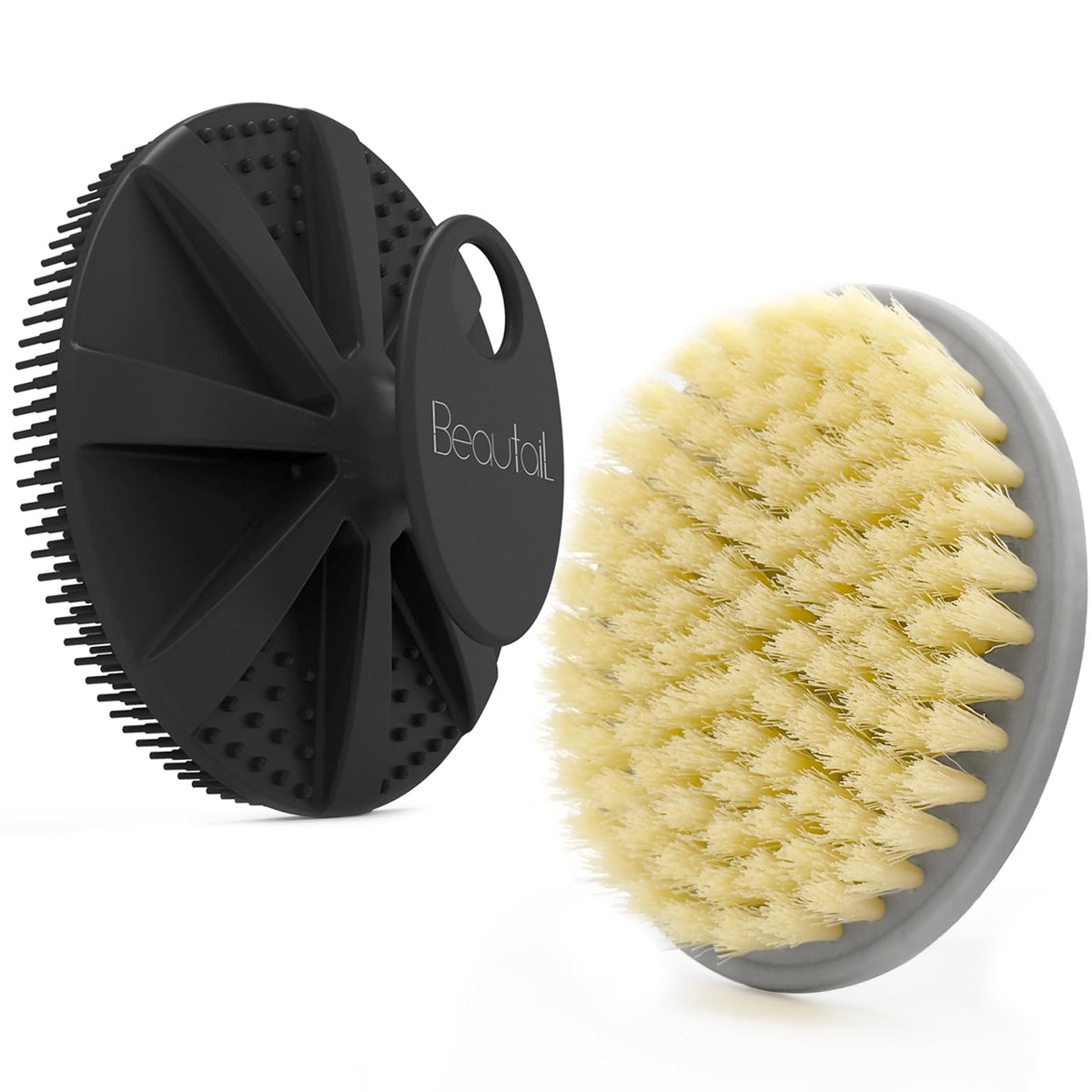 Beautail Body Scrubber 2 Pack - Gray Plastic & Black Silicone Exfoliating Bath Brush For Sensitive Skin