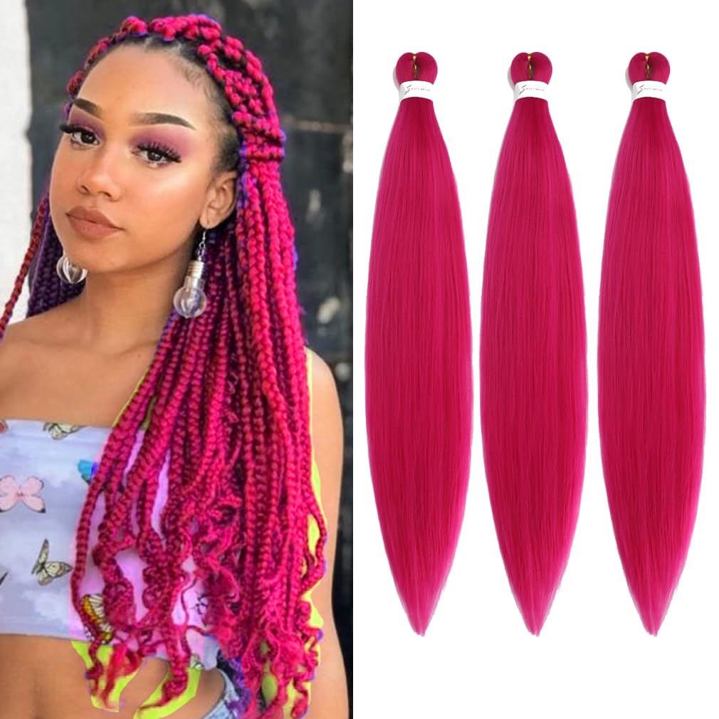 Yuccaha 30&quot; Pre Stretched Braiding Hair - 3 Packs Hot Pink Synthetic Crochet Twist Braids