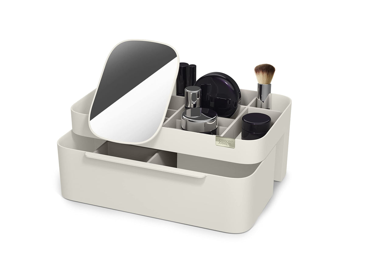 Joseph Joseph Large Cream Makeup Organizer with Drawer & Mirror - Stylish Cosmetic Storage