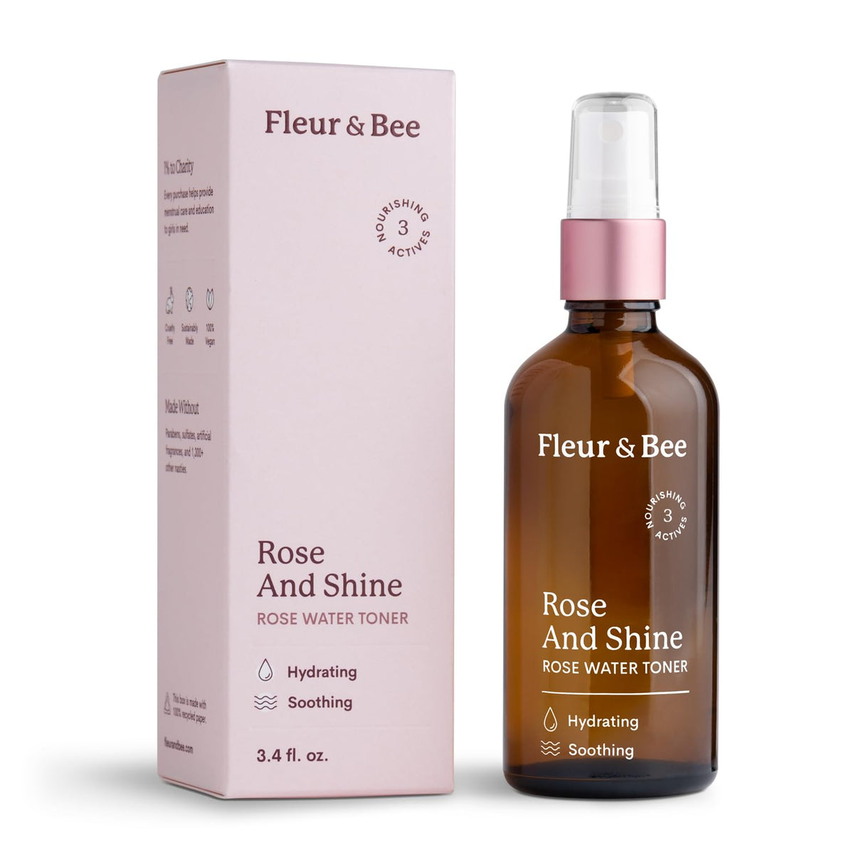 Fleur & Bee Rosewater Toner - 100% Vegan, Alcohol Free, Hydrating Facial Mist - 3.4