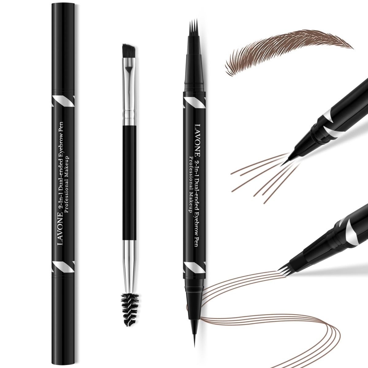 Lavone 2-In-1 Waterproof Eyebrow Pen & Pencil, Brown - Microblading & Precision Brush