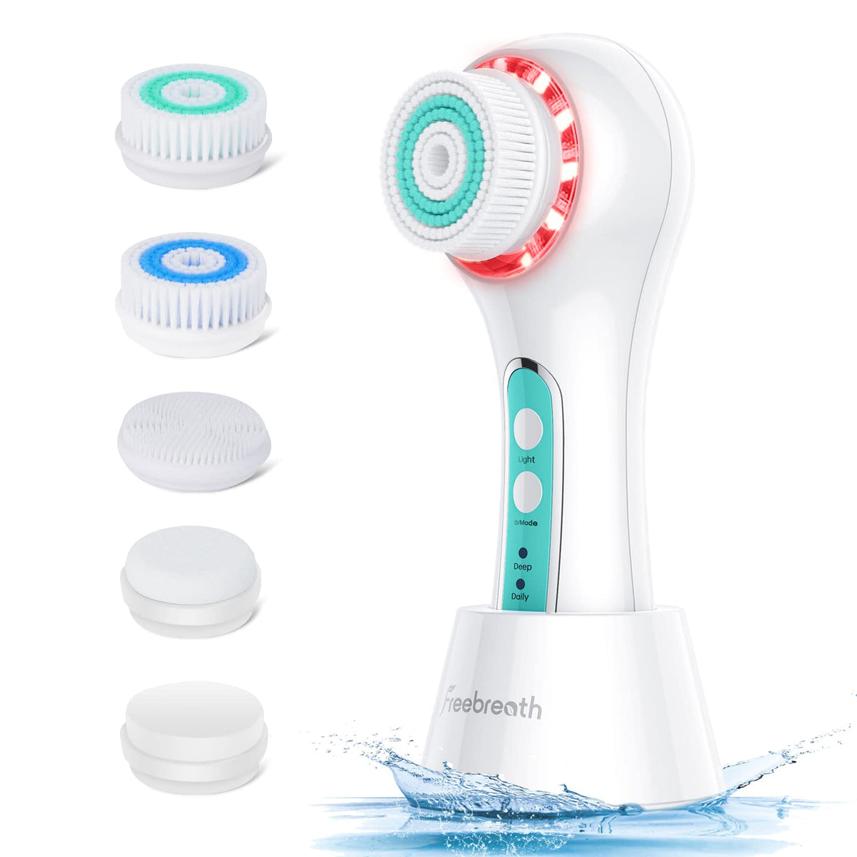 Freebreath Ipx7 Waterproof Facial Cleansing Brush Set With 5 Brush Heads & 3 Speed Modes