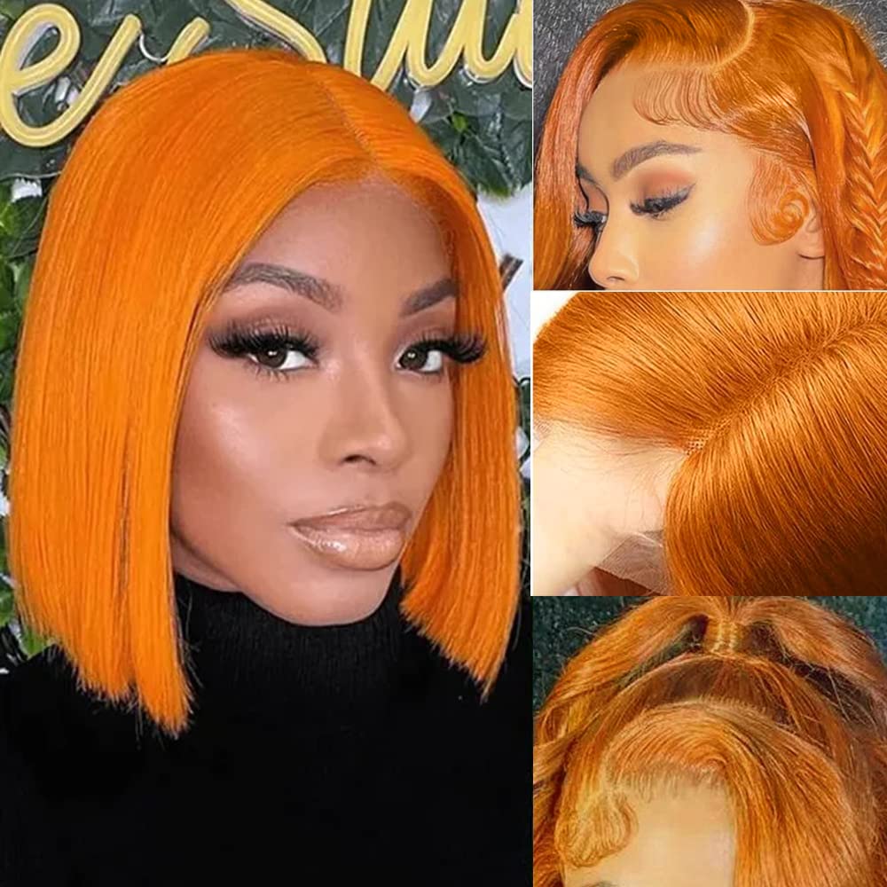 Utide 10 Inch Ginger Orange Bob Wig - Human Hair Straight Lace Front Middle Part Pre Plucked