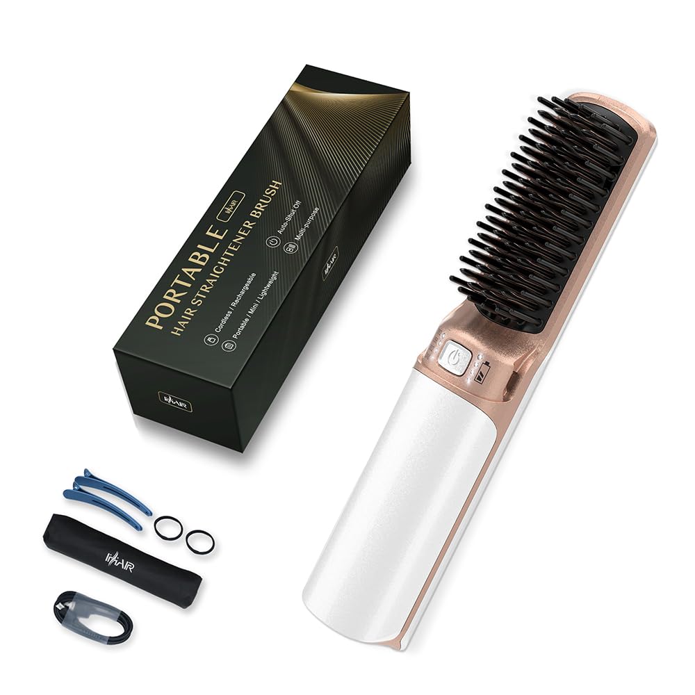 Ihhair Portable Mini Cordless Hair Straightener Brush, USB Rechargeable, 2-in-1 Hot Comb, White