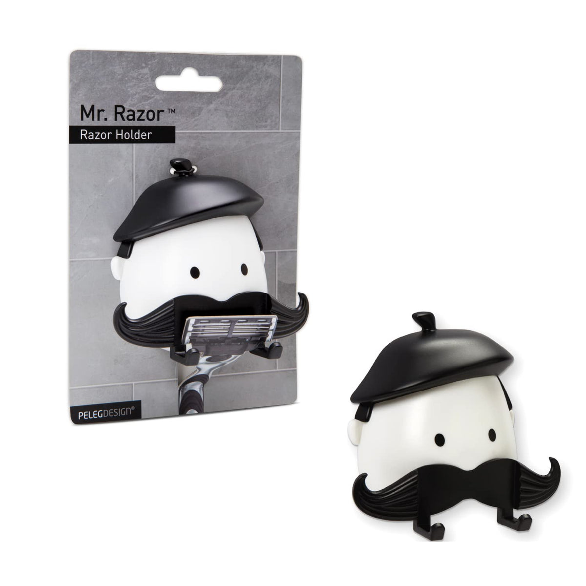 Peleg Design Mr. Razor - Suction Razor Holder For Shower, Bathroom, White/Black, Unique Gift