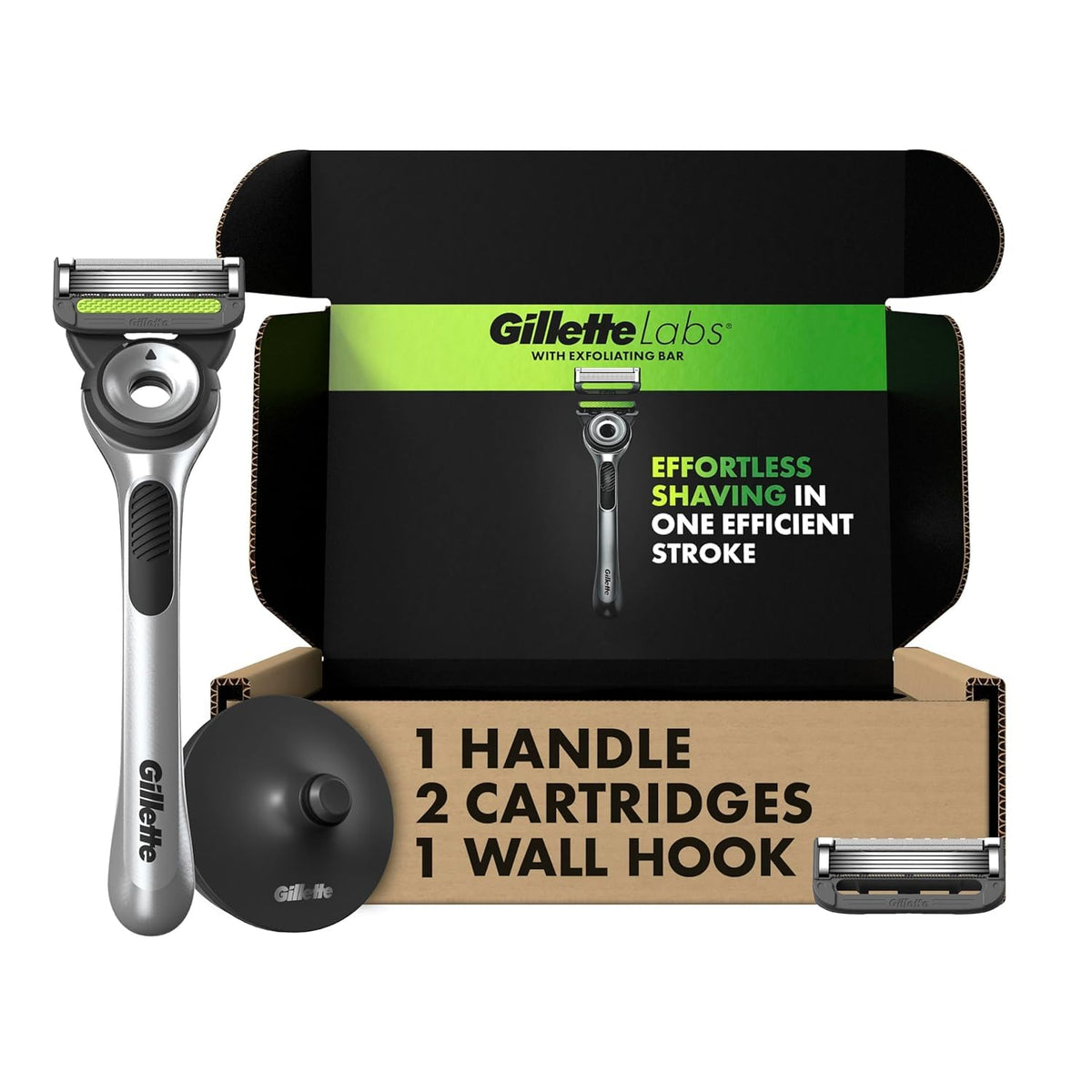 Gillette Labs Men'S Razor Set With Exfoliating Bar, 2 Blade Refills, Shower Hook, Silver/Black